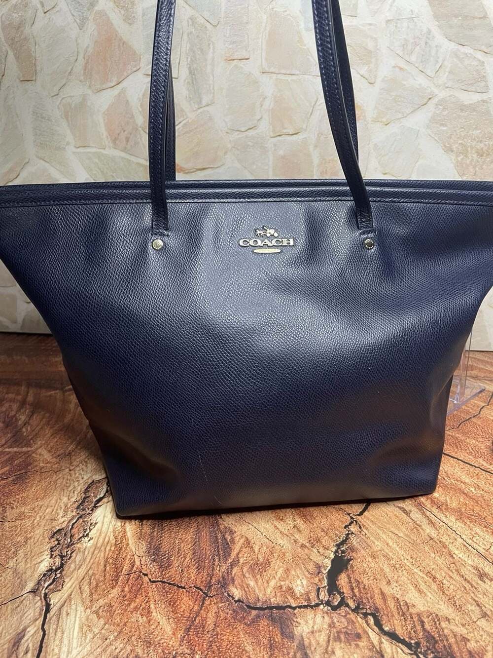 Coach Crossgrain Leather Taxi Zip Tote Navy Blue